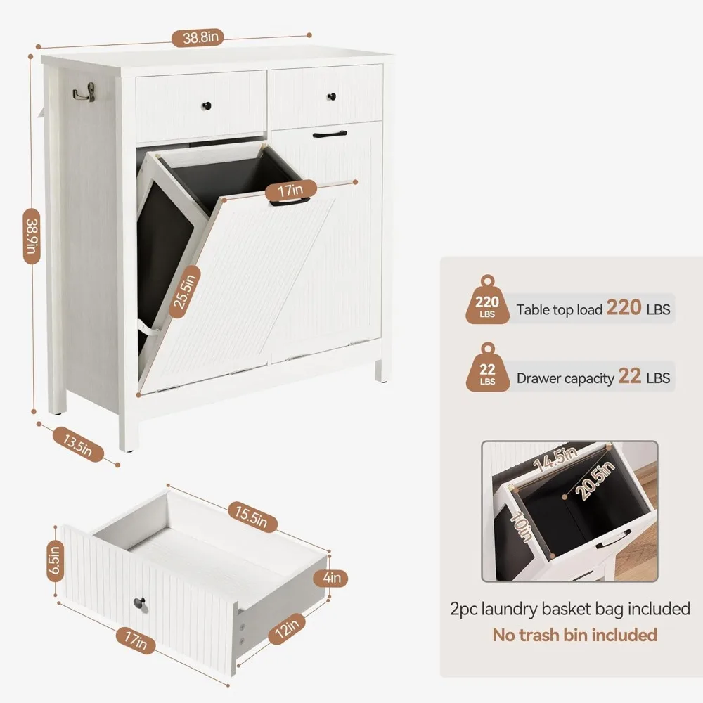 خزانة سلة الغسيل مع سلة مهملات قابلة للإمالة وسلة تخزين، طراز مزرعة سعة 10 جالون، تصميم حبوب خشبية مخفية