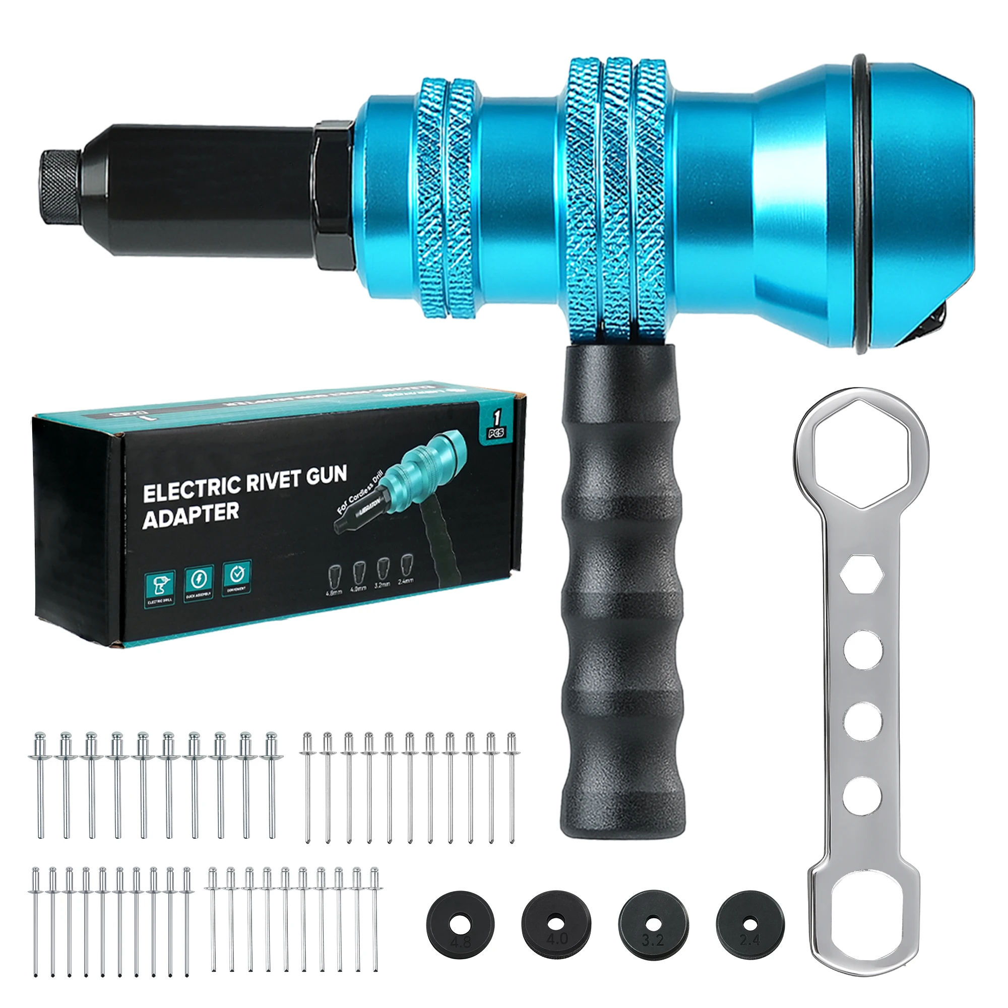 Rivet Gun Adapter for Electric Drill, Rivet Drill Attachment for Cordless Electric Power Drill, with Handle, Easy processing for Pop Rivets, 2.4mm 3.2mm 4.0mm 4.8mm