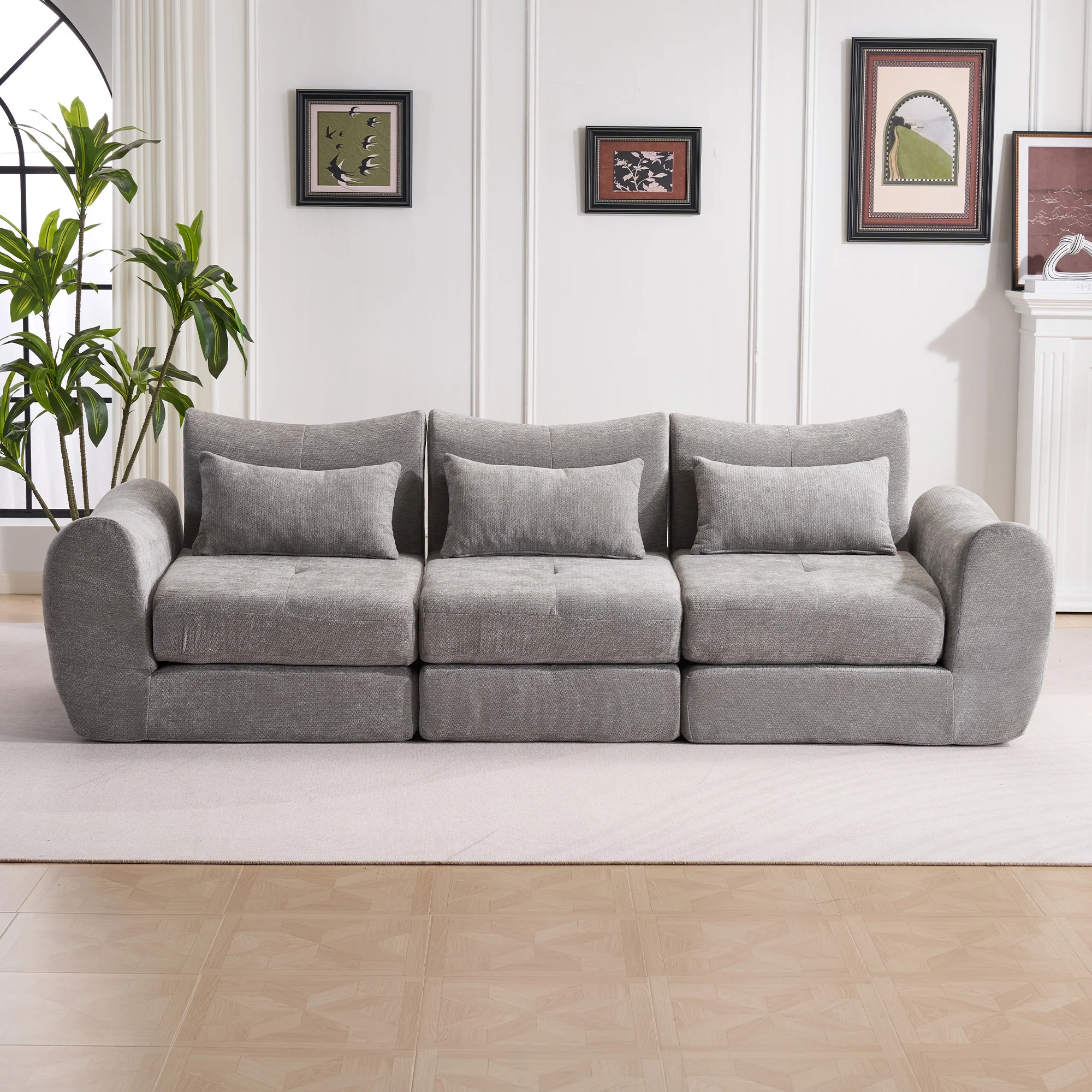 Graues Komfort-Kompressionssofa, 3-Sitzer, kein Aufbau erforderlich, Schlafsofa, schwarzes Chenille, frei kombinierbar für Wohnzimmer, Wohnung