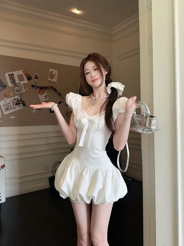 

Sweet White Slim Fit Dr with Bubble Sves for Women High Waist Princ Sle Summer Faion Ballet ort Skirt