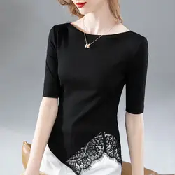 Temperament Fashion Summer T-Shirts Women's Solid Slash Neck Lace Patchwork Irregular Elegant Versatile Slim Half Sleeve Tops