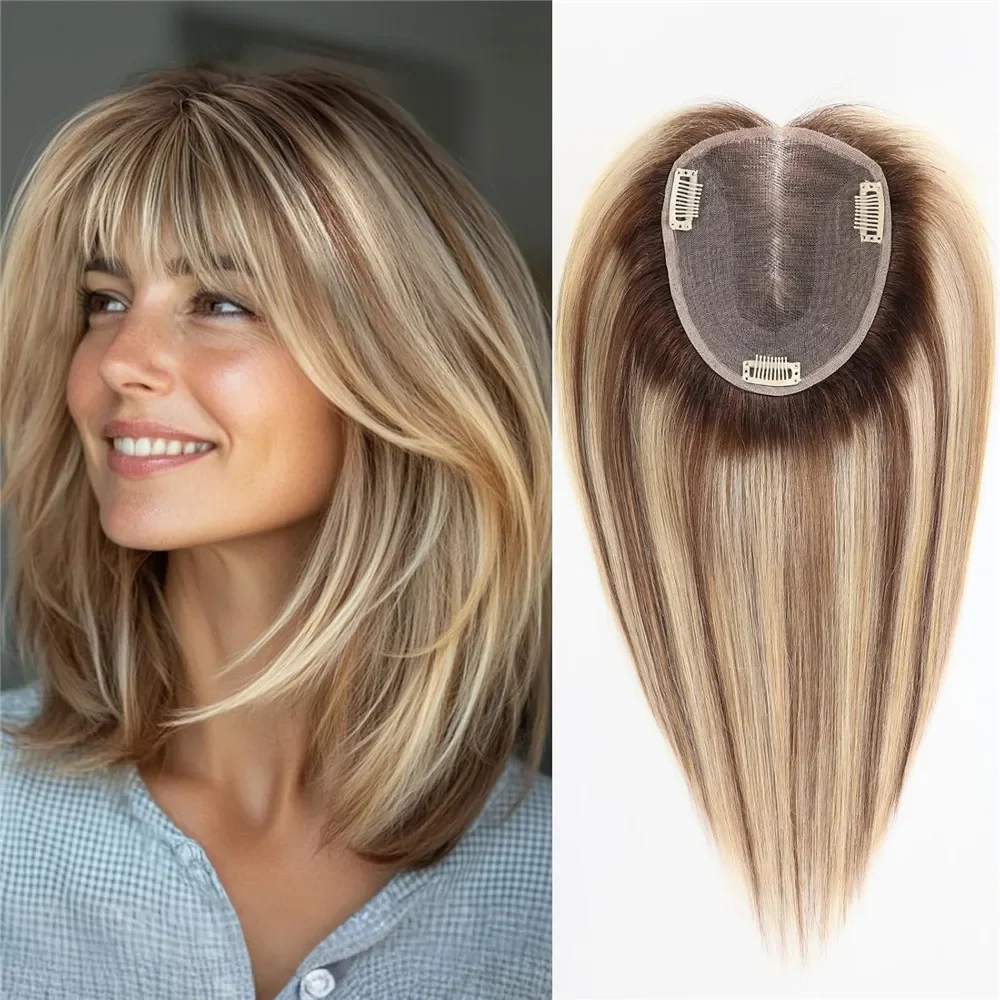 6x5inch Lage Swiss Base Human Hair Topper Real Hair Toppers for Women with thinning Hair Clips in Remy Hairpiece Natural 12 Inch