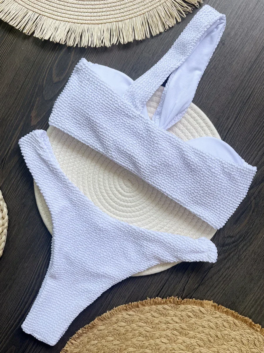 Bikini arrugado de un hombro para mujer, traje de baño femenino, conjunto de Bikini de dos piezas, bañador de corte de pierna alta, traje de baño para nadar