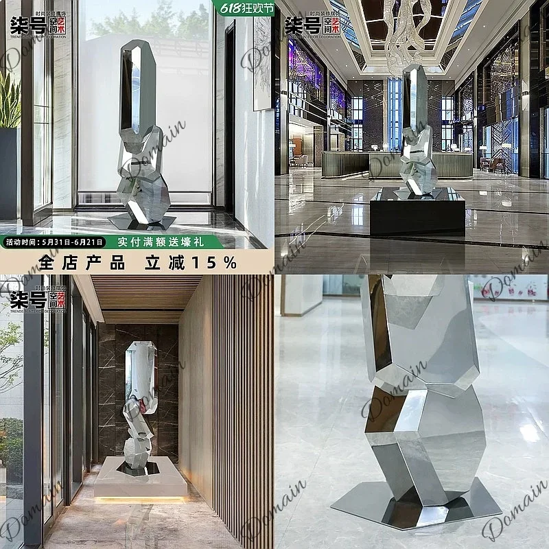 BJ Stainless Steel Geometric Stone Sculpture Floor Decor For Hotel Lobby Exhibition Hall Metal Art