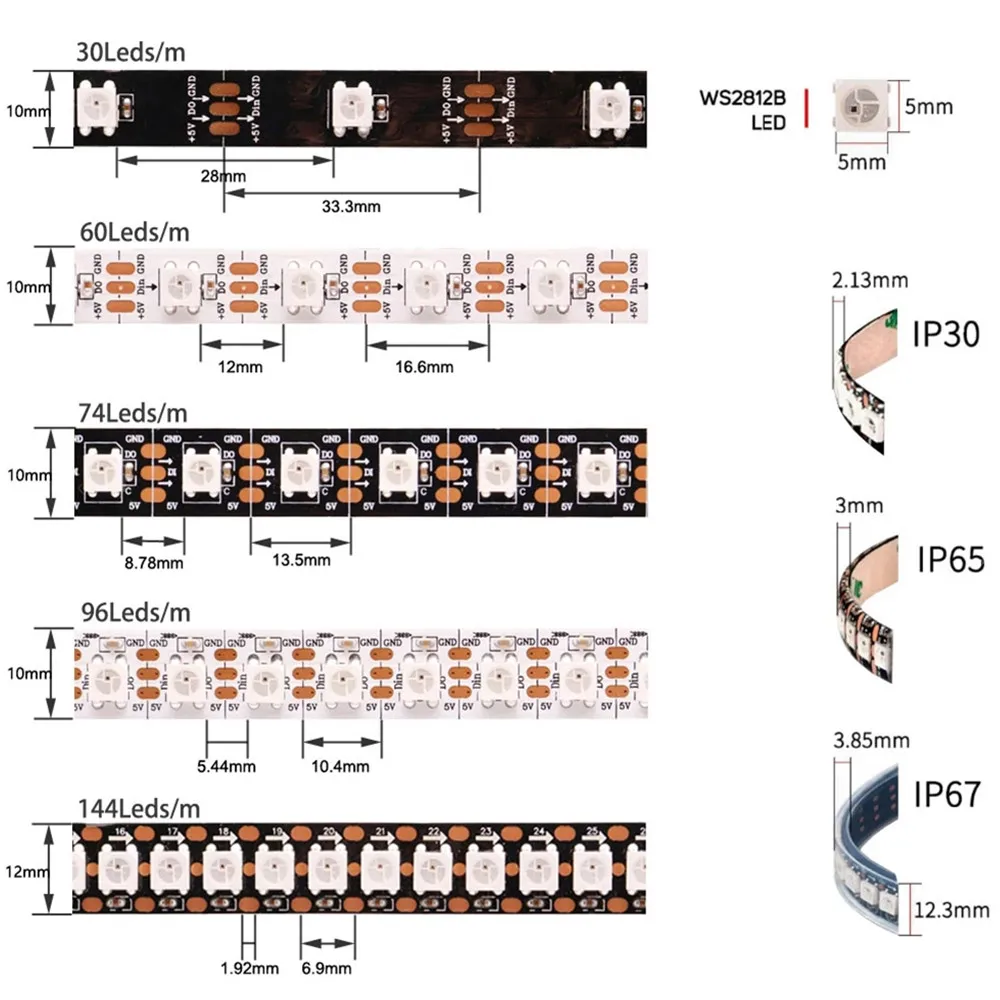WS2812B WS2813 updated2811 SK6812RGB LED Pixels Strip Light SPI Individually Addressable LED Dual-Signal 30/60/144 Leds/m