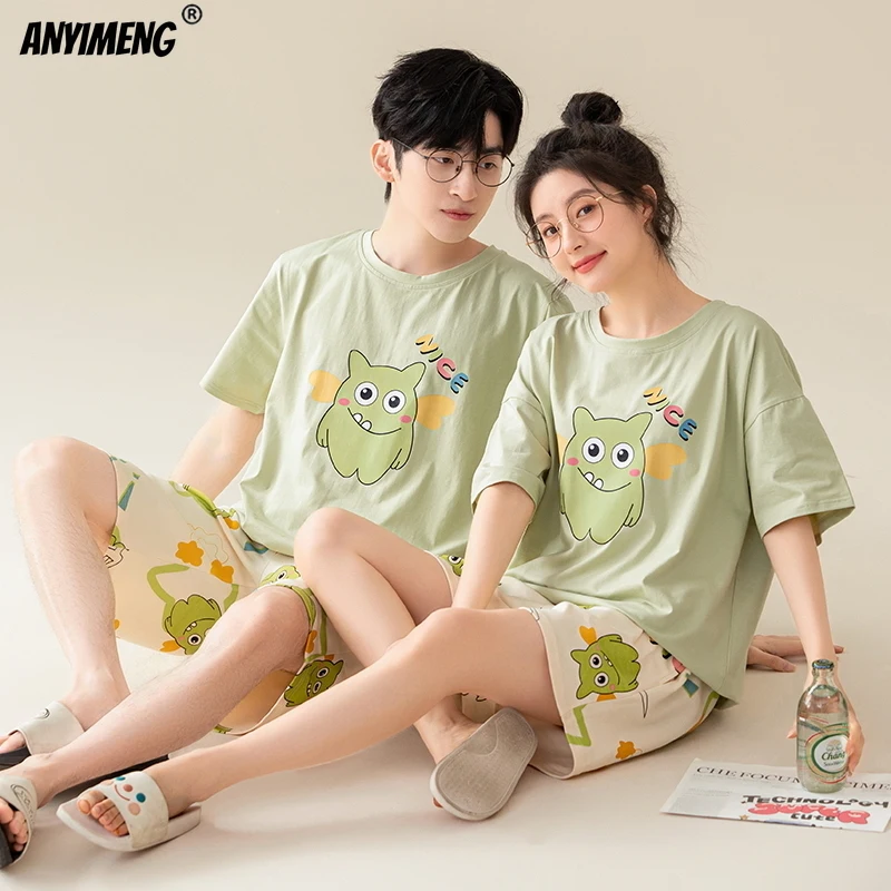 100% Cotton Summer New Fashion Short Sleeve Short Pants Couple\'s Pajamas Soft Cotton Kawaii Bear Printing Sleepwear for Lovers