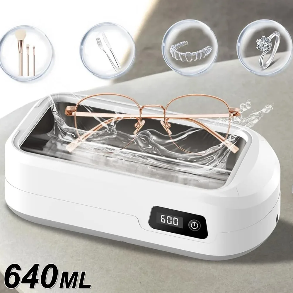 640 ml, 49000 Hz, tragbarer Ultraschallreiniger, 4 Reinigungsmodi, Tiefen-Schallreinigungsgerät für Brillen, Schmuck, Uhren, Zahnprothesen, Münzen, Kleinteile, für den Heim- und Reisegebrauch