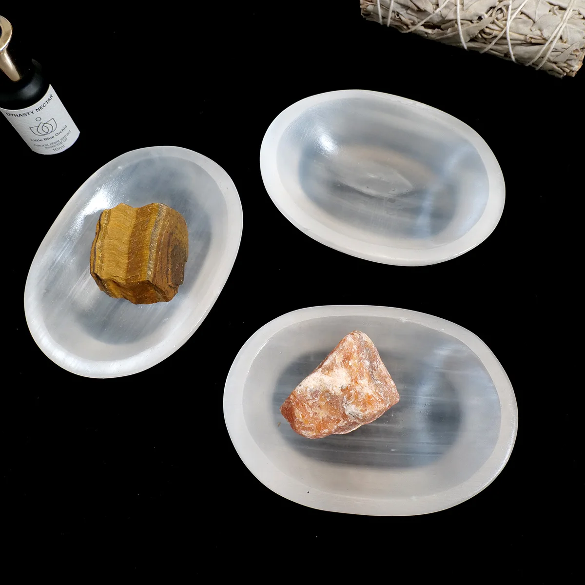 1pc Natural Crystal Selenite Elliptical Bowl, Energy Cleansing & Meditation Ornament, Home Decoration Craft