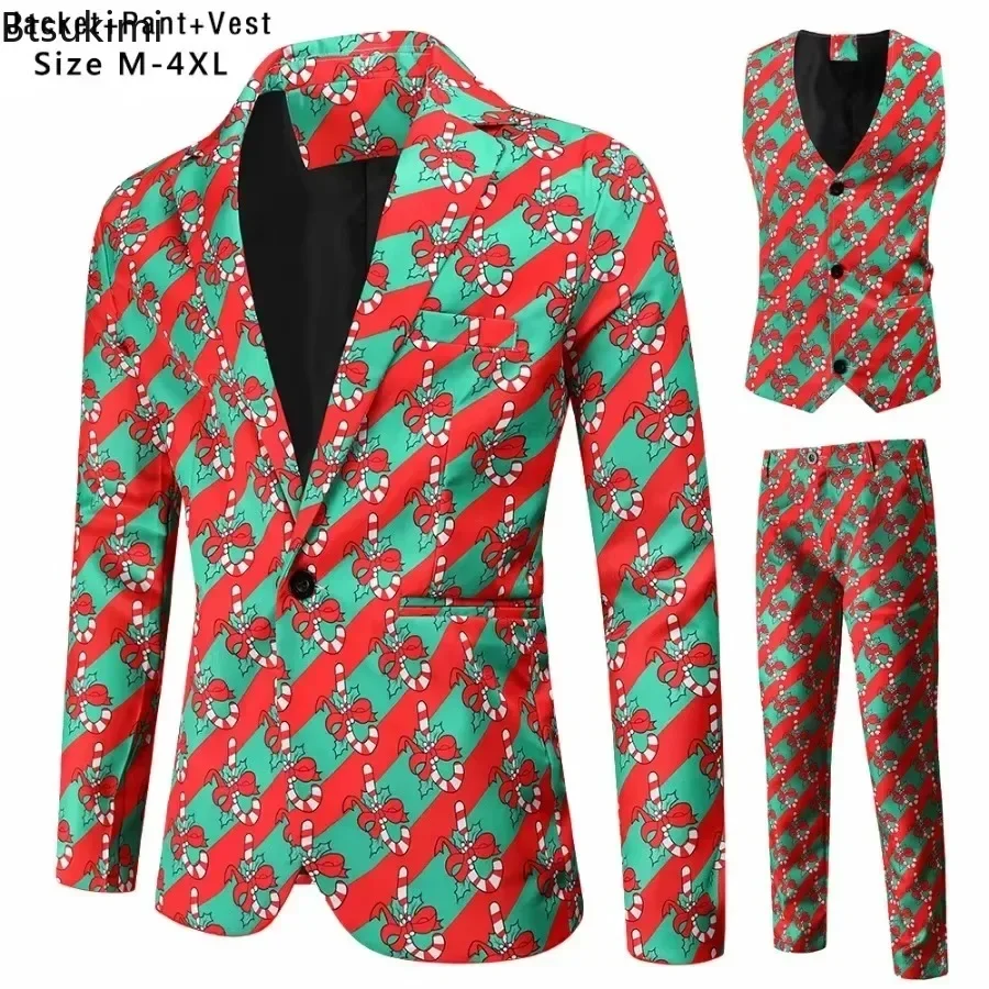 2025 Christmas Suits for Men Funny 3D Print Single-Button 3 Pieces Blazer Sets With Vest Trousers Fashion Casual Men's Clothing