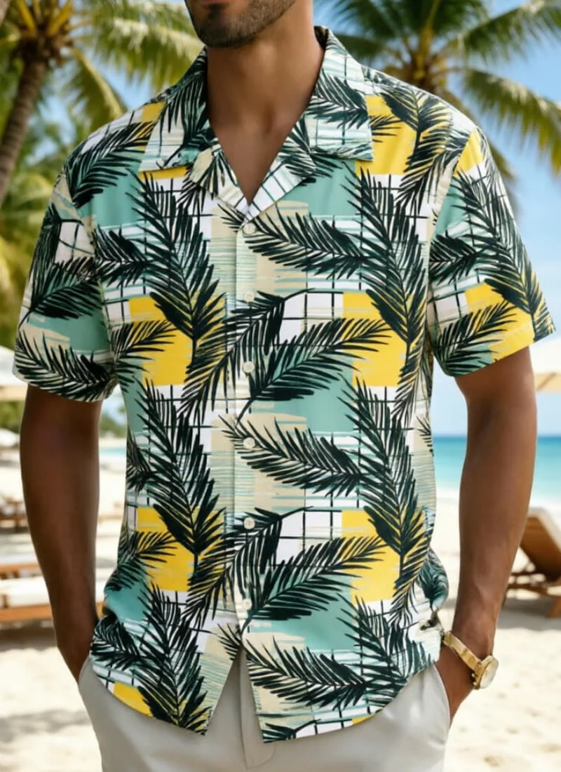 

Men's Retro Botanical Grid Print Shirt, Ethnic Art Style for Summer Party, Garden Events, Daily Commute & Casual Wear