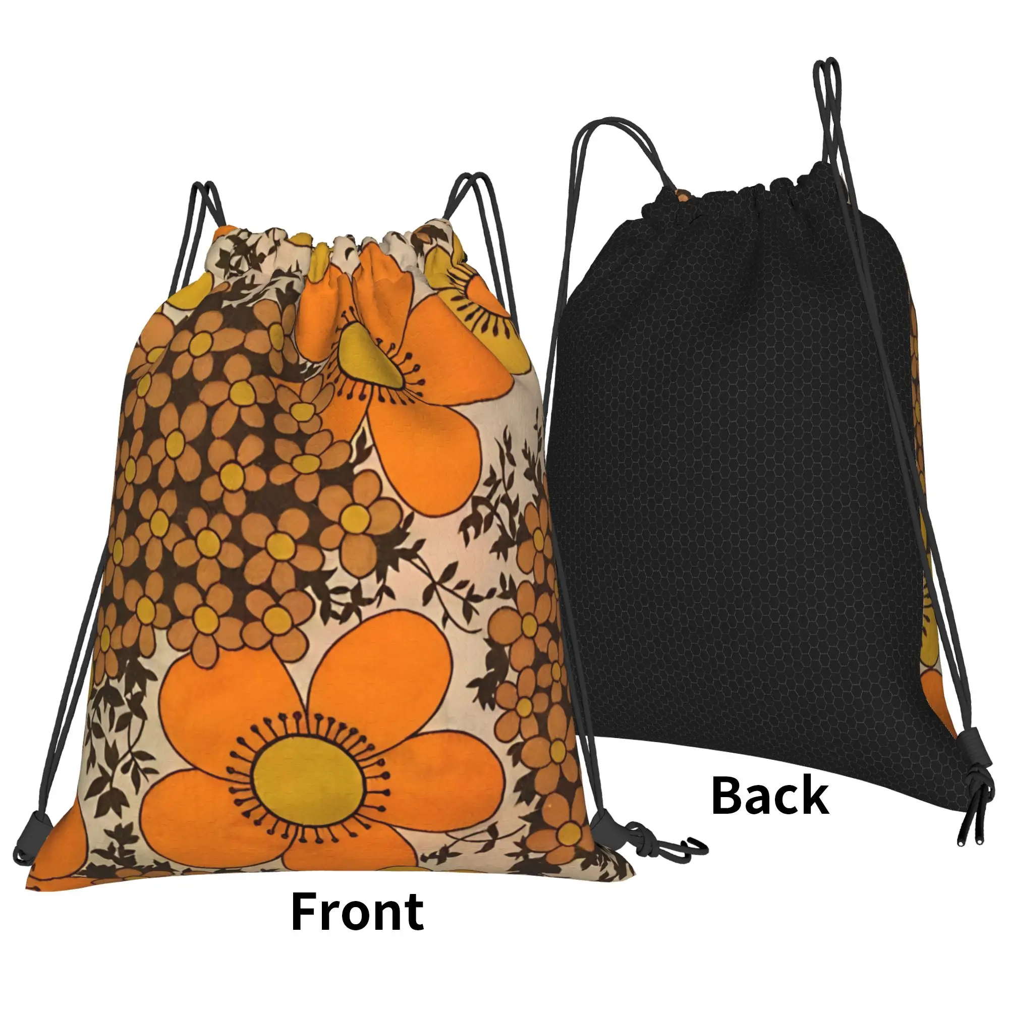 Floral 60s 70s orange floral Portable Hiking Riding Gym Drawstring Storage Sporty Backpacks