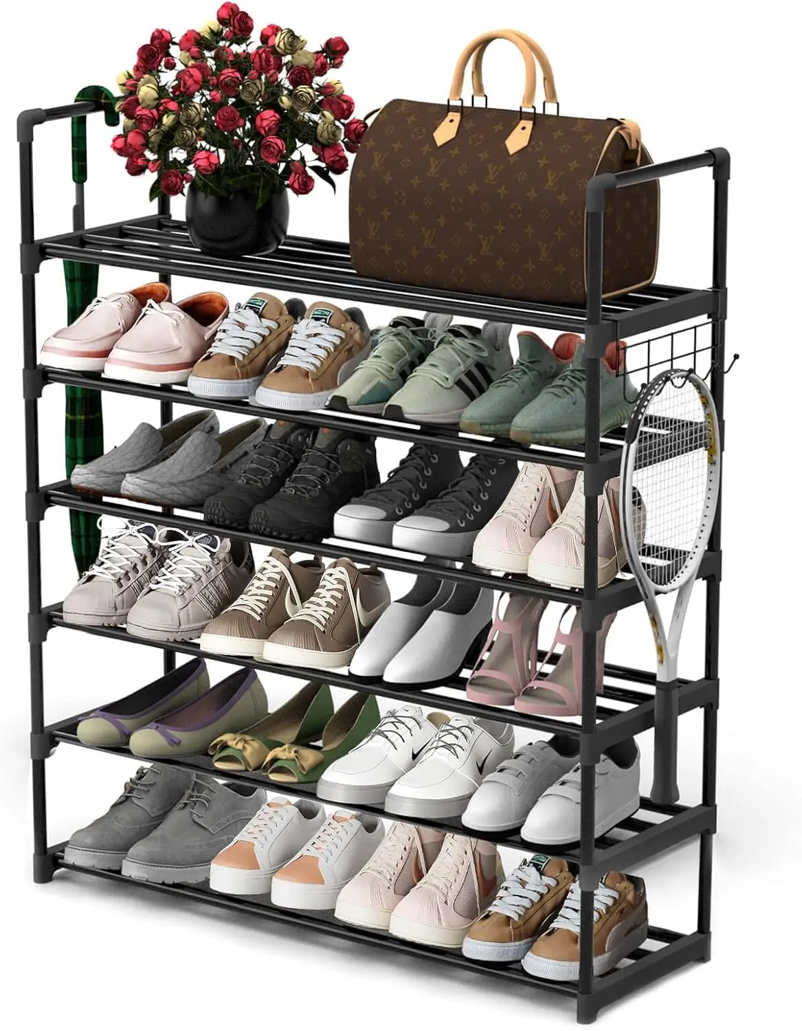 

6 Tiers Metal Shoe Rack,Adjustable Shoe Shelf Storage Organizer with Hooks,Stackable Boot & Shoe Storage,for Entryway