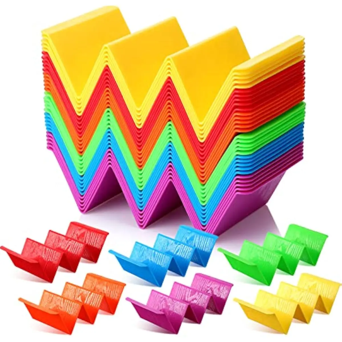 48-piece vibrant triangular taco supports in six distinct hues purple green orange red yellow blue each holds two to three torti