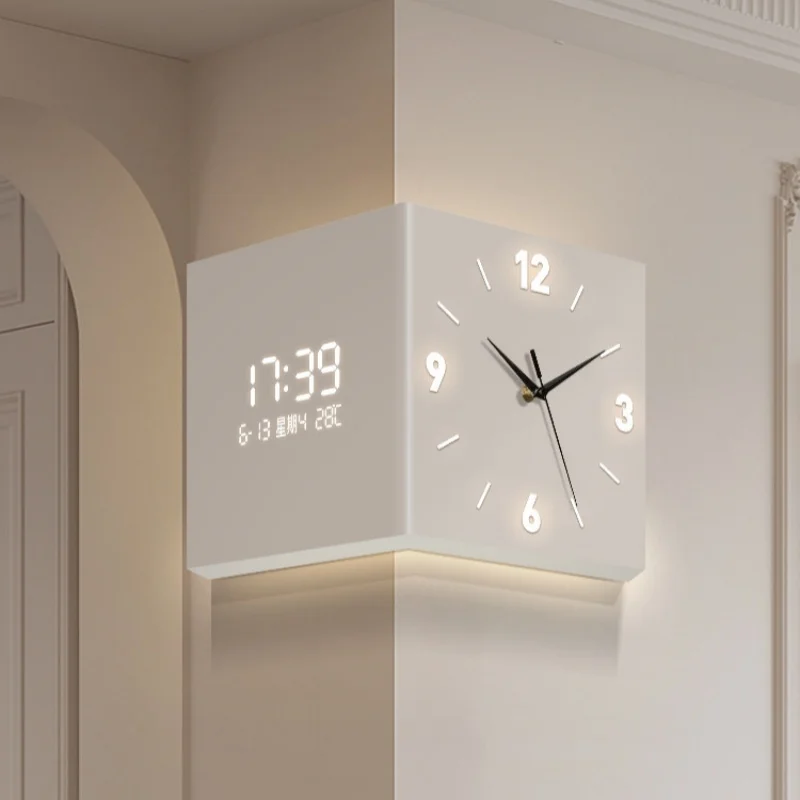 Double-sided Corner Clock Modern Minimalist Calendar Electronic Clock with Night Light for Home Living Room Wall Decorations