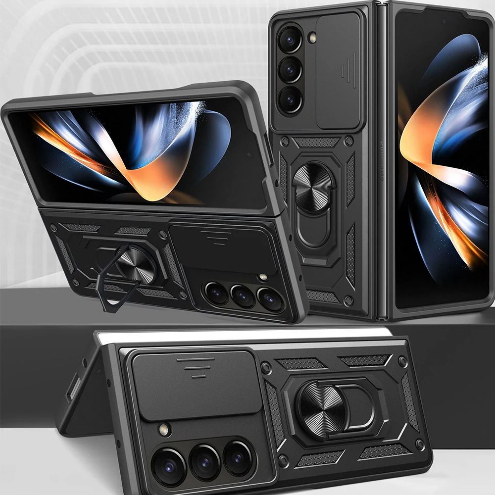 

Slide Camera Case for Samsung Galaxy Z Fold6 Car Magnetic Ring Holder Silicone Hard Armor Shockproof Phone Cover Z Fold 6 Shell