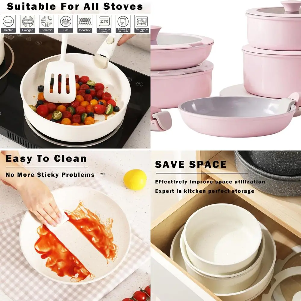

Ceramic Detachable Handle Cookware Set, Pink Non-Stick Pots & Pans, Stackable for Kitchen & Camping, Dishwasher and Oven Safe, P