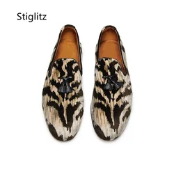 Leopard-Print Horsehair Flat Shoes for Men Loafers Punk Soft Man Shoes Slip On Tassel Runway Party Wedding Dress Shoes Spring