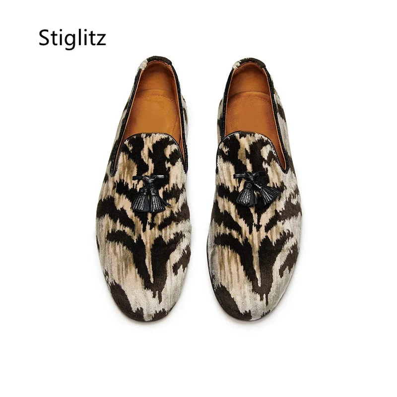 Leopard-Print Horsehair Flat Shoes for Men Loafers Punk Soft Man Shoes Slip On Tassel Runway Party Wedding Dress Shoes Spring