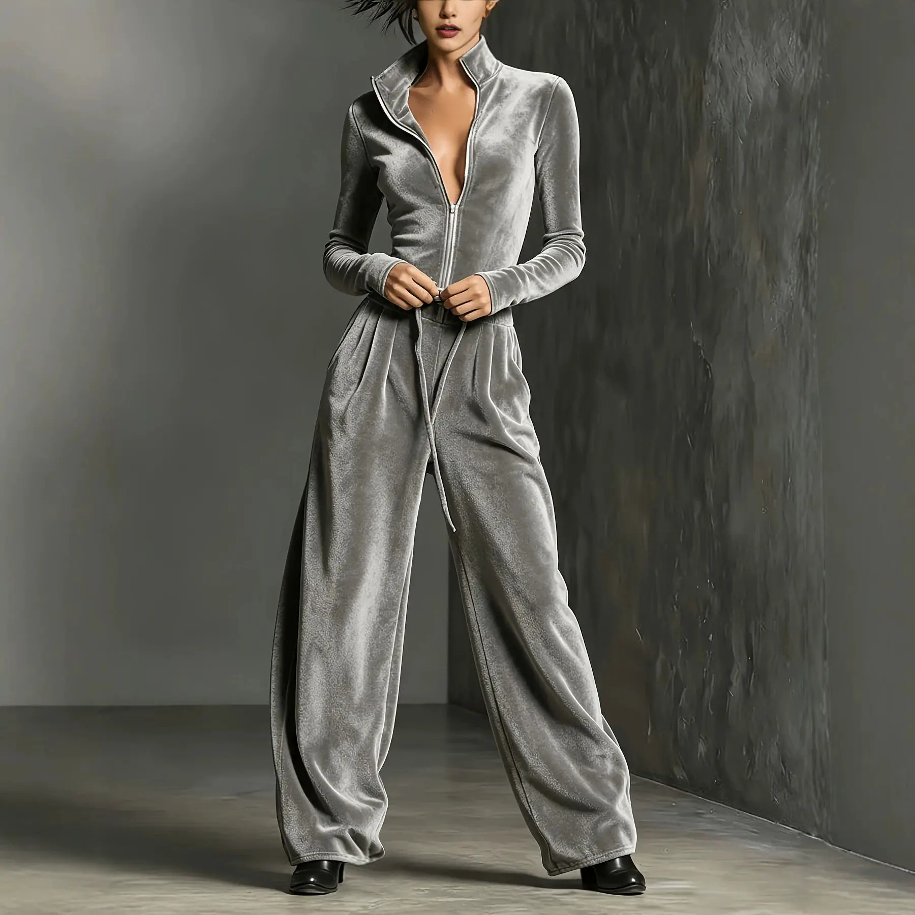 Retro Solid Velvet Women's Jumpsuit Elegant Half Zip Stand Collar Drawstring Waist Overalls Casual Streetwear Romper Outfit