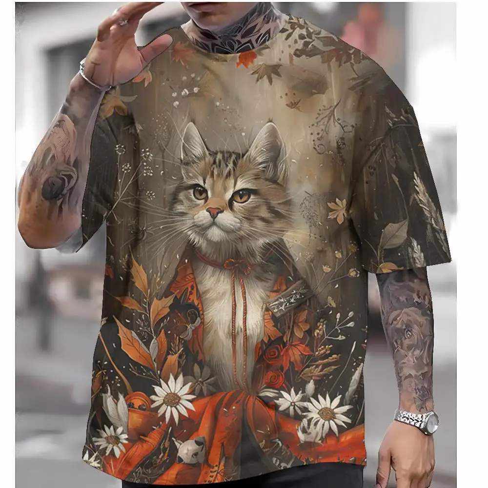 Cool Samurai Kitten Animal Print Tees For Men Women Maple Leaves Background O‑Neck Short Sleeve Street Clothing
