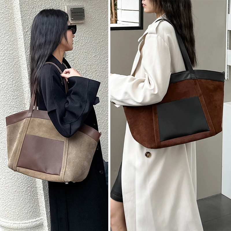 

2025 Winter Women's Natural Suede Bags Ladies Soft Genuine Cowhide Leather Crossbody Spliced bat Bag Large Capacity Handbag