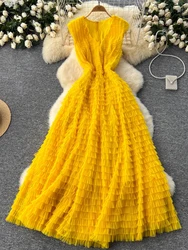 Summer Women Yellow/Orange/Purple/Red Sexy Mesh Long Dress Female Elegant V-Neck Sleeveless High Waist A-Line Maxi Vestidos New