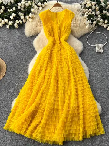 Sommer Frauen gelb/orange/lila/rot sexy Mesh langes Kleid weiblich elegant V-Ausschnitt ärmel los hohe Taille A-Linie Maxi Vestidos neu