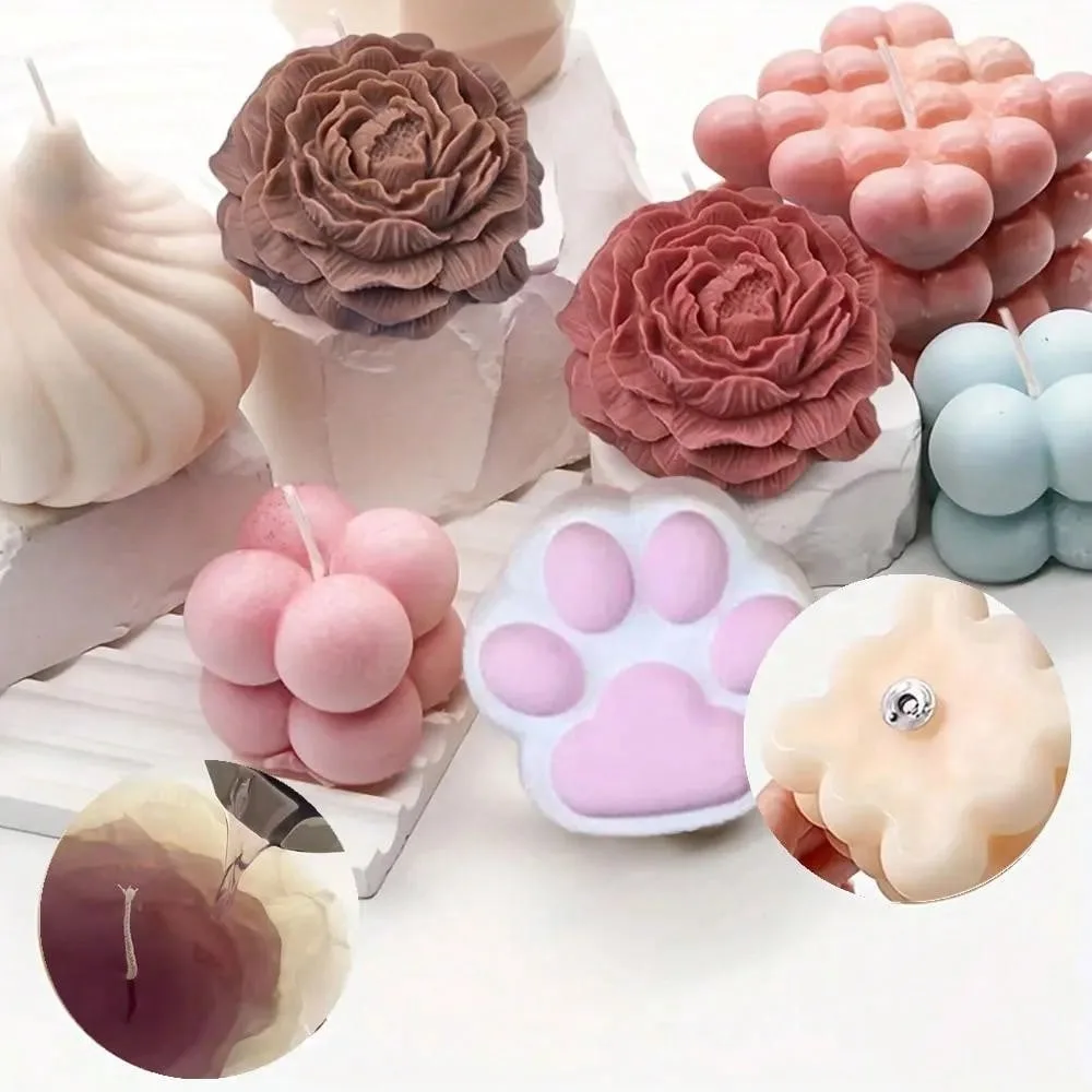 61pcs/set Silicone Candle-Making Mold Set with 50 Wicks 5 Holder Geometric Bubble Rose Resin Molds for DIY Handcraft Enthusiasts
