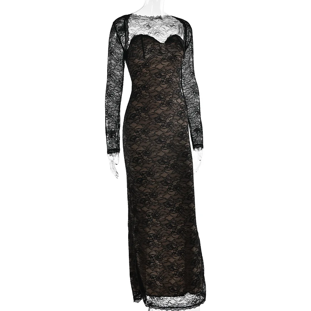 Women's Black Lace Strapless Mermaid Dress With Long Sleeve Shrug Elegant Slit Evening Party Dresses Autumn Red Female Clothing