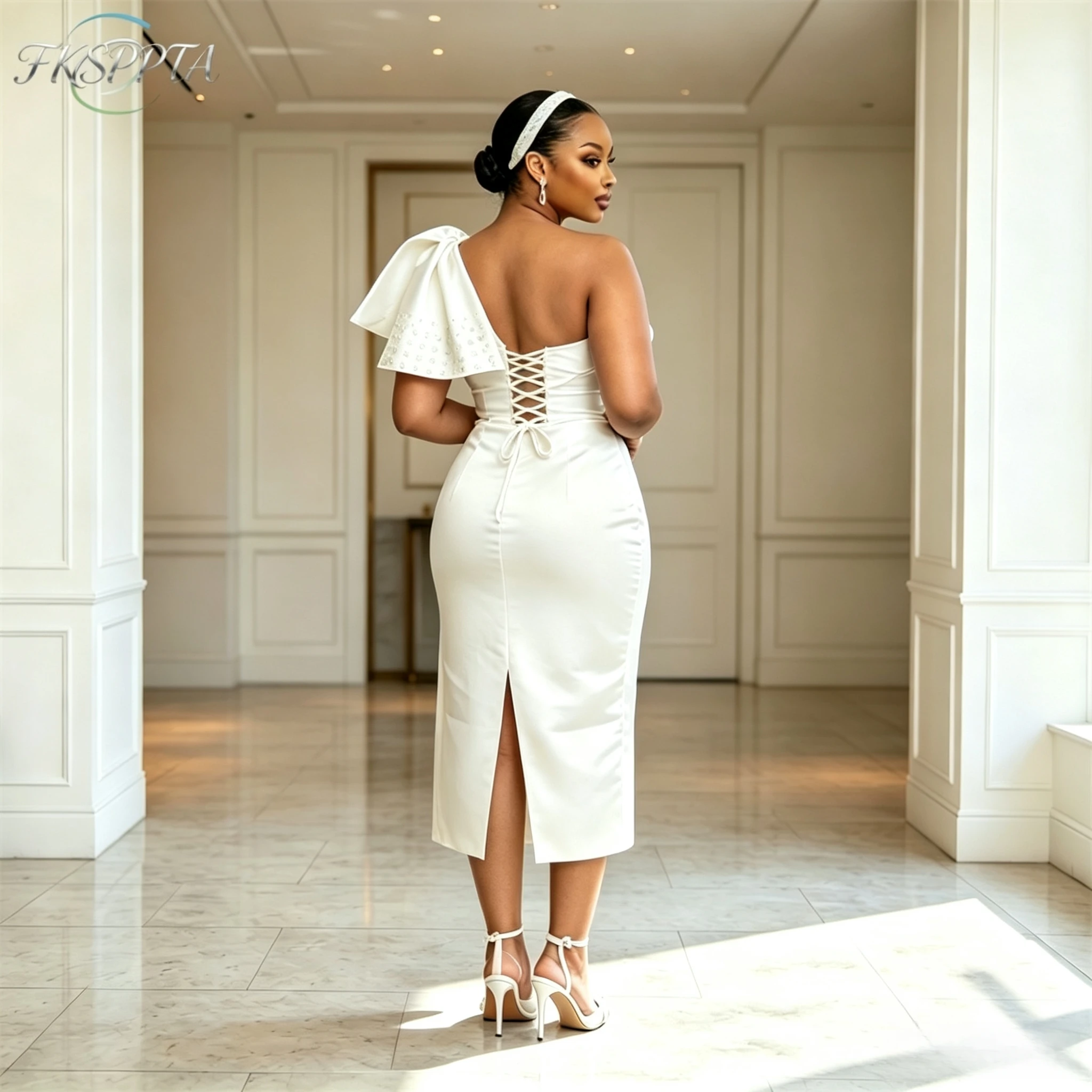 White Satin Straight Wedding Dress Big Bow Corset Back Pearls Satin One Shoulder Bridal Gowns For Wedding Plus Size