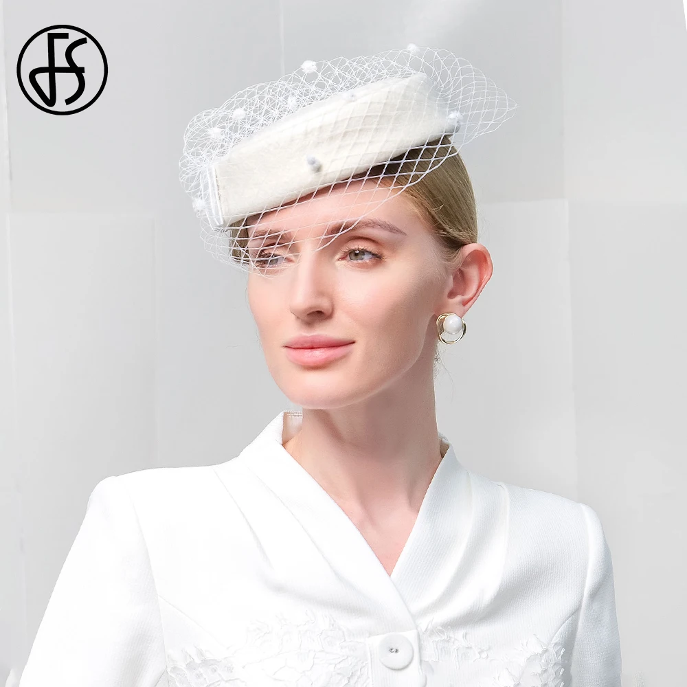 FS French Elegant White Beret Air Hostess Wool Felt Hats For Women Warm Winter Fedoras Fascinator Cocktail Tea Party Cap 2024