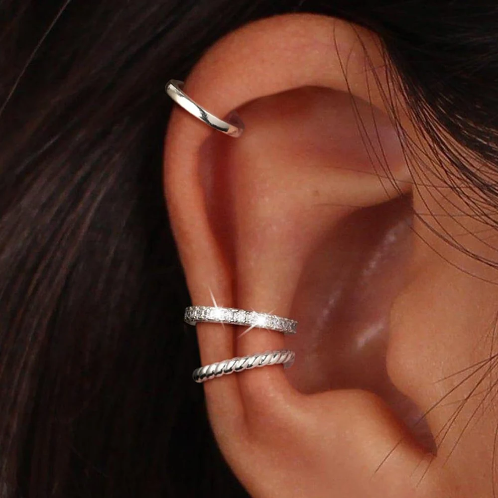 3Pcs/Set Fashion Gold Color Crystal Clip Earrings for Women Girls Minimalist Metal C-shaped Fake Piercing Ear Cuff Ear Jewelry - view 3
