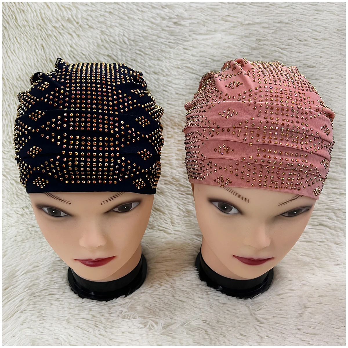 Wholesale Order 6/12 Pieces Fashion Muslim Female Turban Hat Velvet Hot Rhinestone Solid Indian Beanie Hair Bonnet Cap For Women