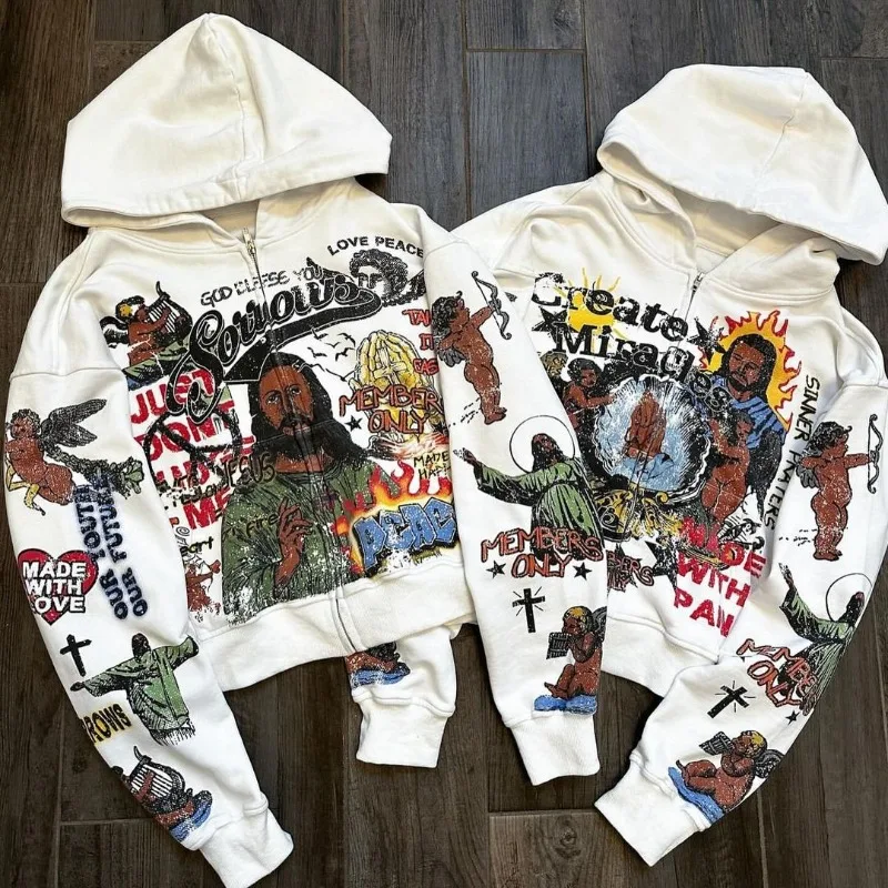Y2k Harajuku Trendy Brand Fashion Casual Zipper Hoodie Men High Street Hip-hop Rock Anime Print Oversized Sweatshirt Women