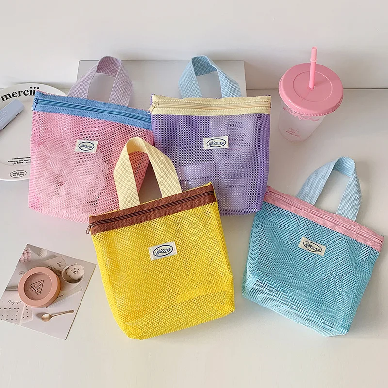 

Ins Style Vibrant Bright Color Summer Mesh Tote Bag Small Cosmetic Bag Handbag Foldable Portable Toiletry Bag Women's Beach Bag