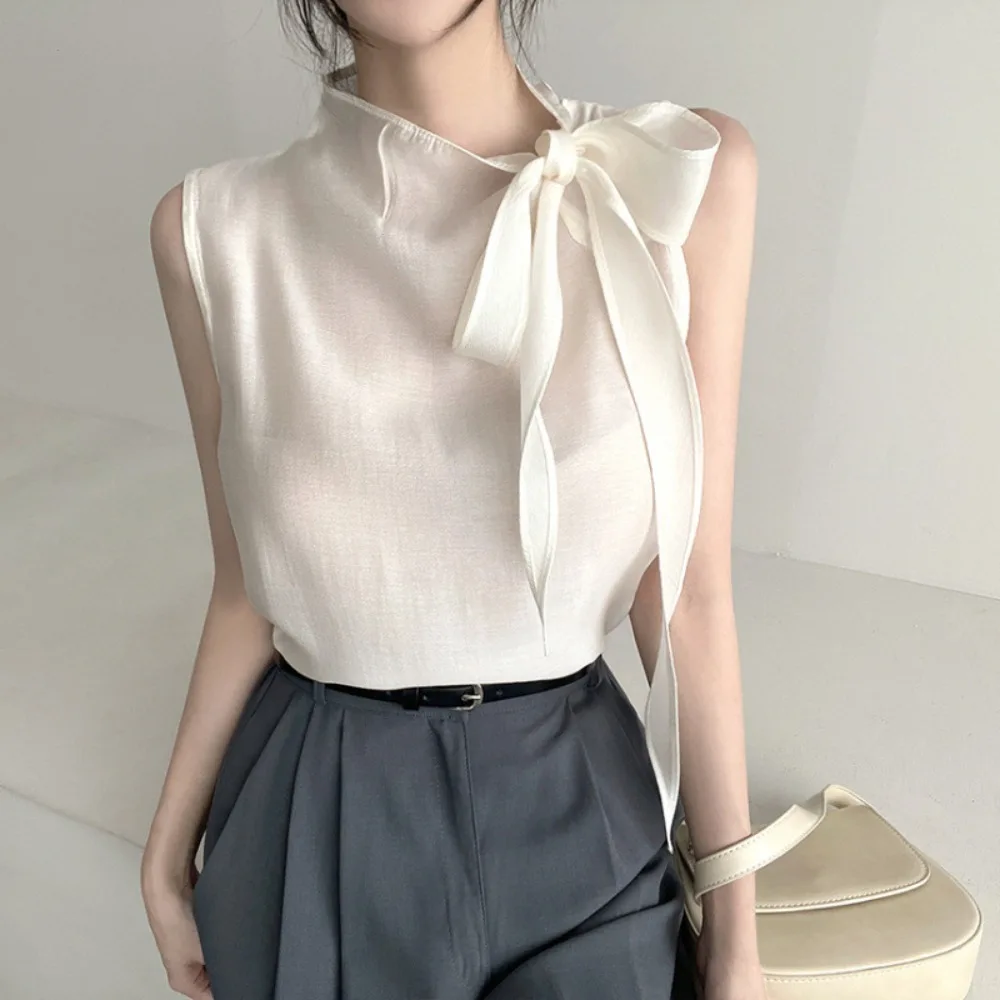 Polyester Mock Neck Blouse Slight High Collar Self Tie Waistband Thin Summer Top Sleeveless Cut Breathable Slim Camisole Women