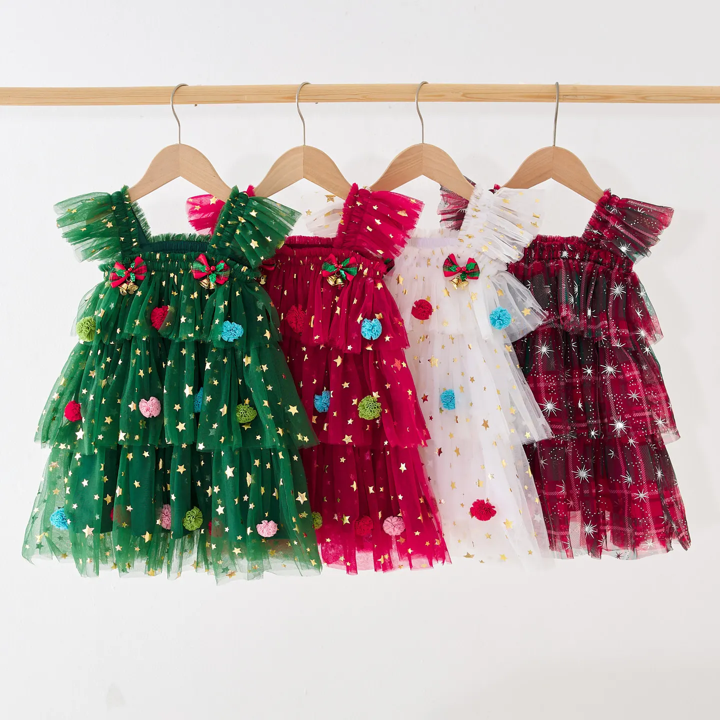 New Children's Dress with Flying Sleeves, Christmas Star Mesh Cake Skirt, Princess Fluffy Skirt, Festive Baby Suspender