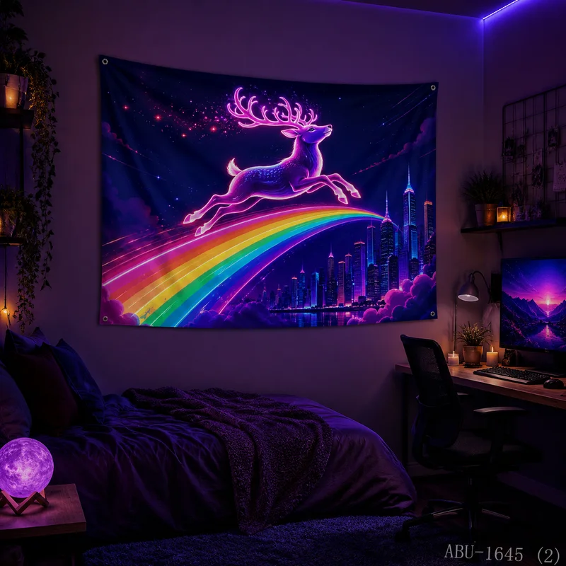 VIKAMA Neon Purple Green Reindeer Sleigh Aurora Snowy Mountain Starry Meteor Christmas Tapestry Wall Hanging Bedroom Living Room
