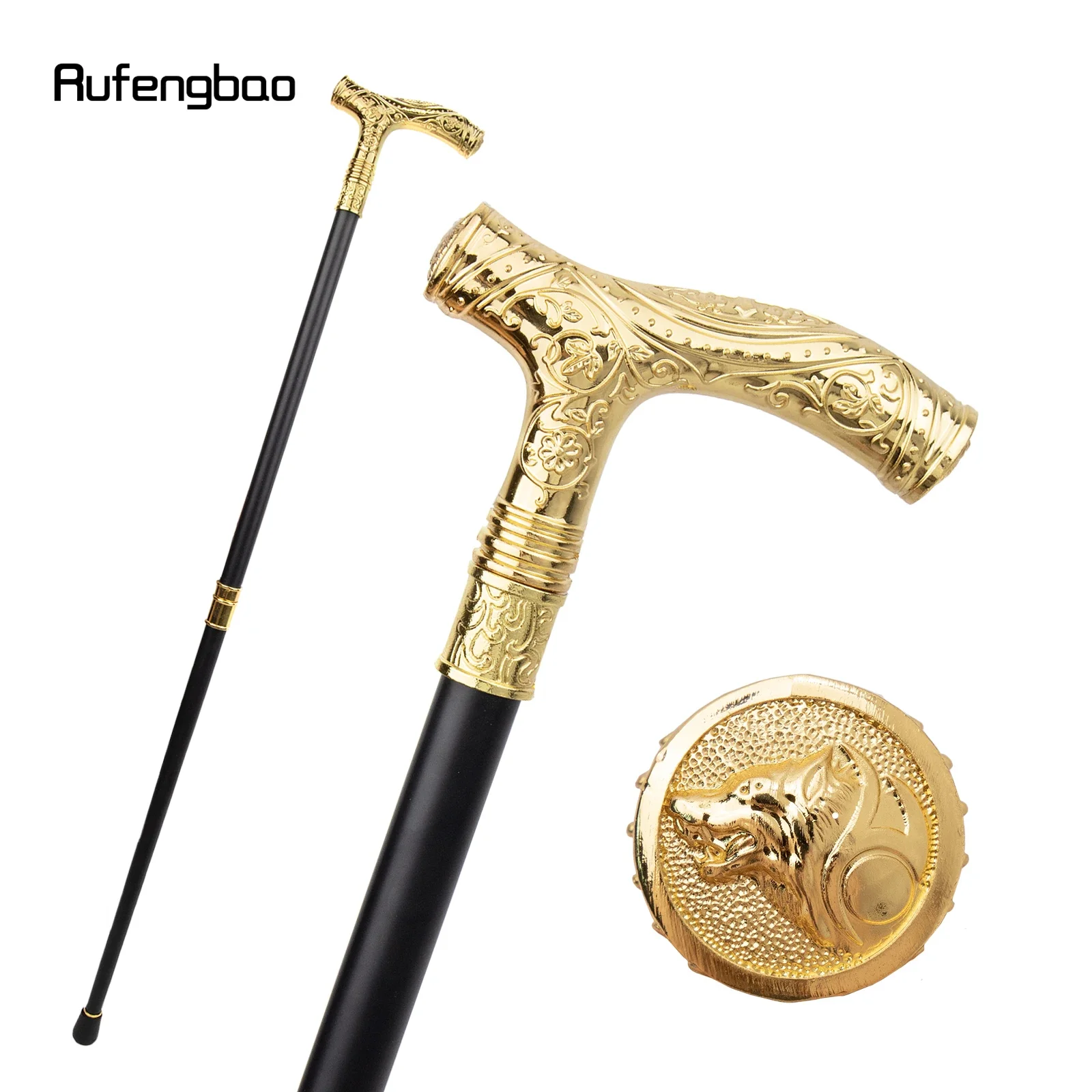 Golden Wolf Head Flower Totem Relief Walking Cane Fashion Walking Stick Gentleman Crosier Knob Walking Stick 93cm