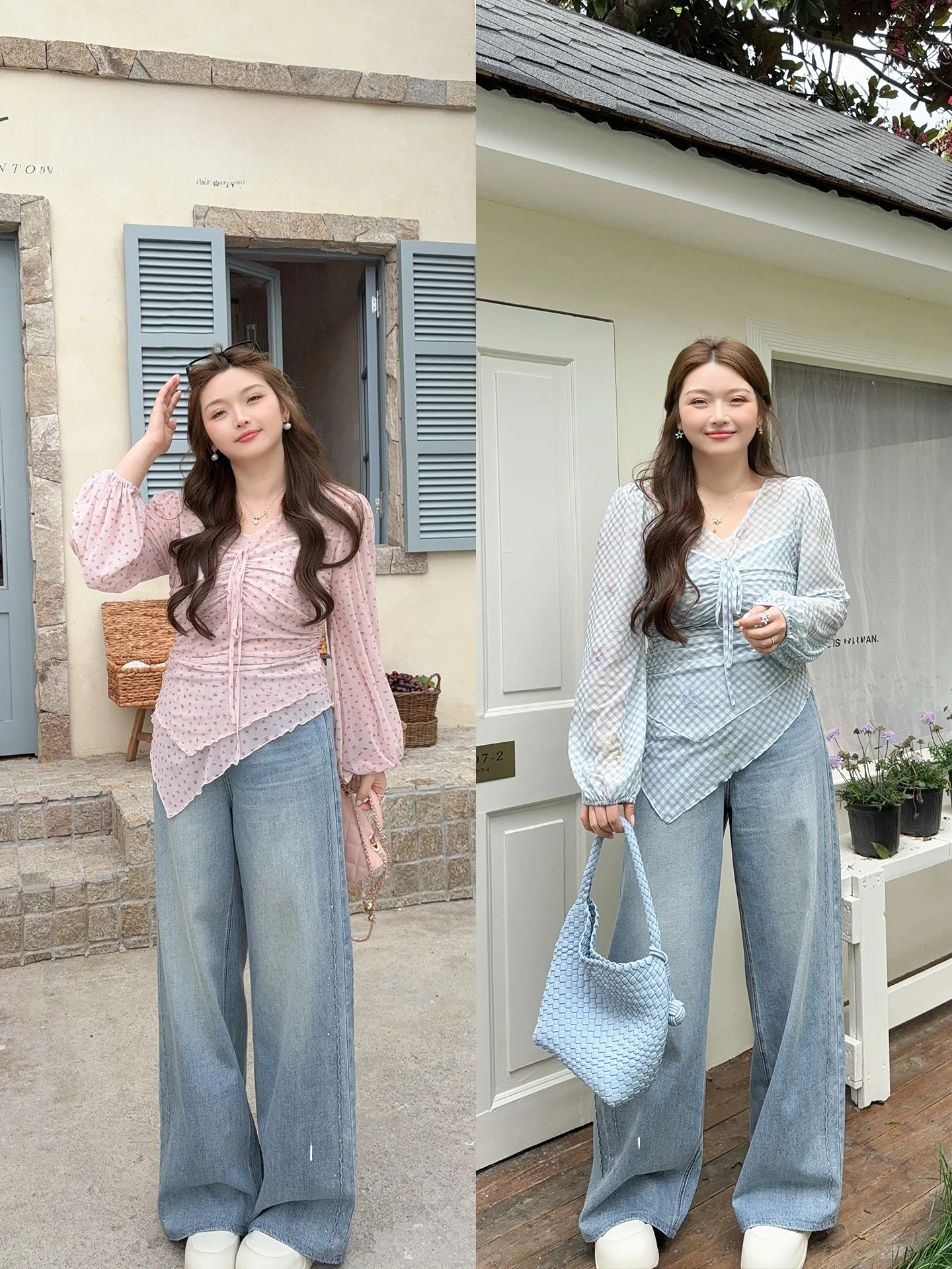 

Miss Ying plus Size Women's Shirt Korean Design V-neck Plaid Top Waist-cinching New Style Spring Summer Season Ladies' Fashion