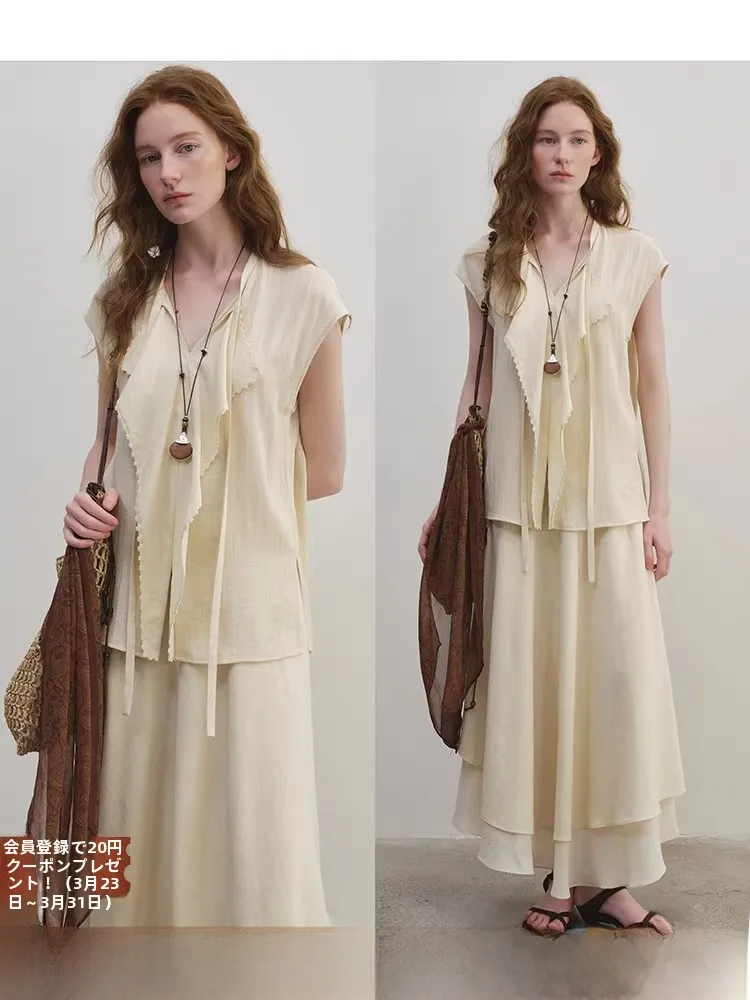 

Popchrio French Style Embroidered Fly Sleeve Shirt And High Waist Asymmetrical Hem Lace Trim Skirt Set Women's Clothing