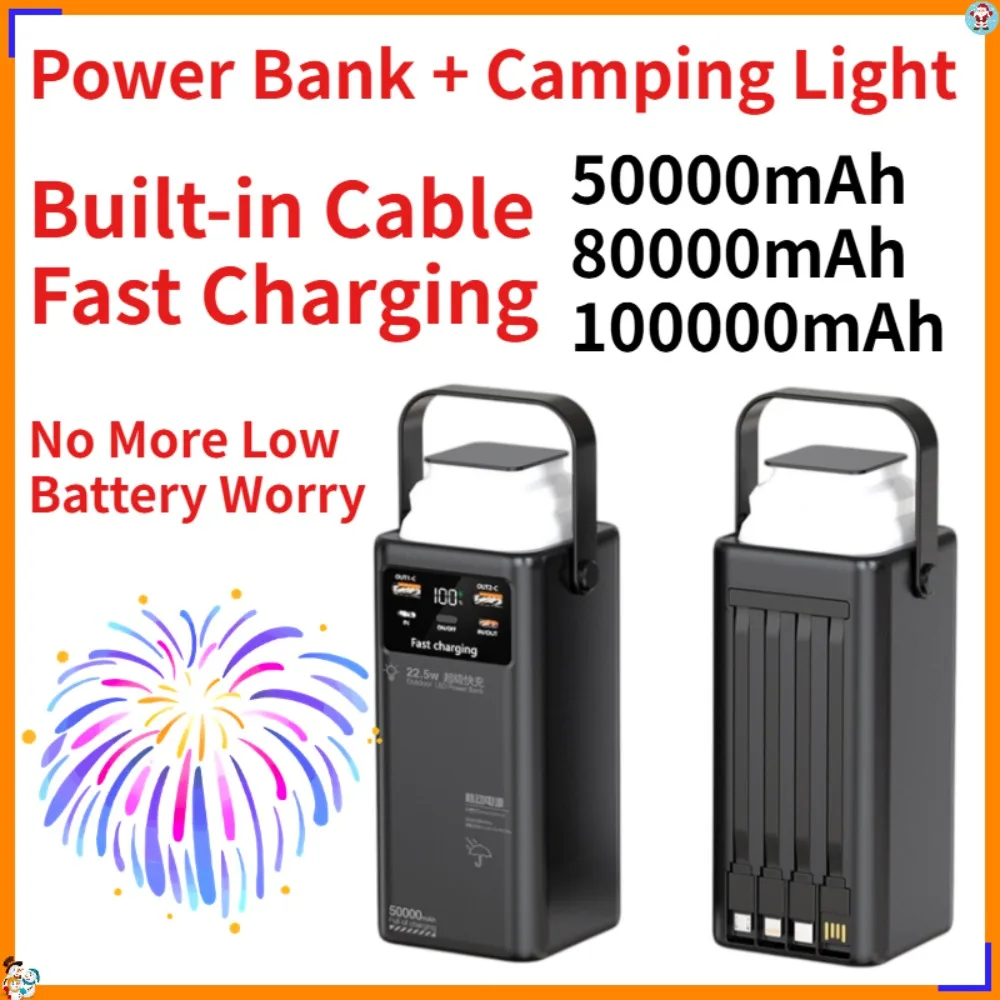 100000mAh Power Bank Camping Light Built-in Cable Fast Charging Outdoor Portable Charger for iPhone Samsung PowerBank