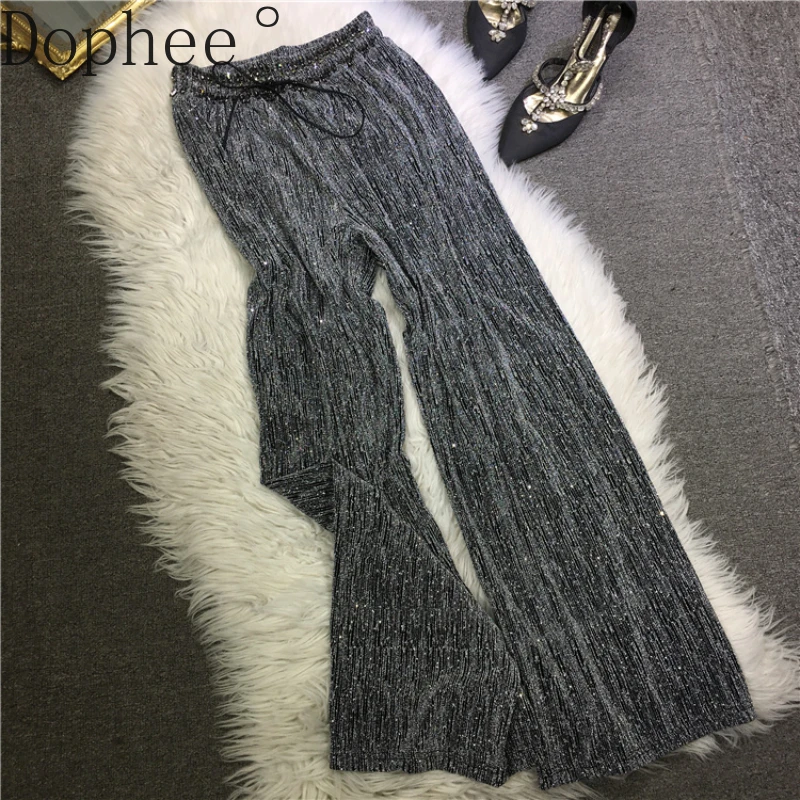 

Bright Silk Hot Drilling Women Long Trousers 2025 New Summer Cool Straight Pants Elegant Elastic Waist Wide Leg Casual Pants