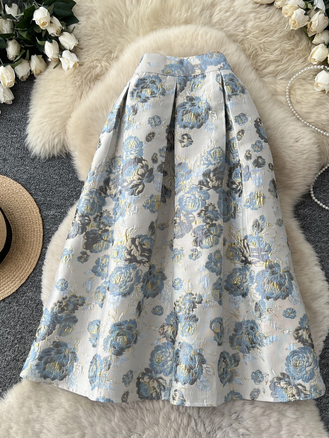 Retro Court Style A-Line Midi Skirt Women's High Waist Slim Fit Puffy Half-length Skirt Commute Korean Style Polyester Fiber