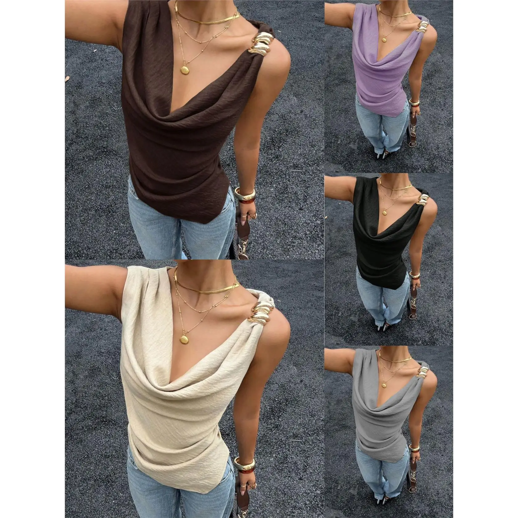 Summer Metal Decoration Women's Vest Pile Collar Sleeveless Shirt Cross-Border New 2026 A-Line Narrow Strap Vest Citywalk