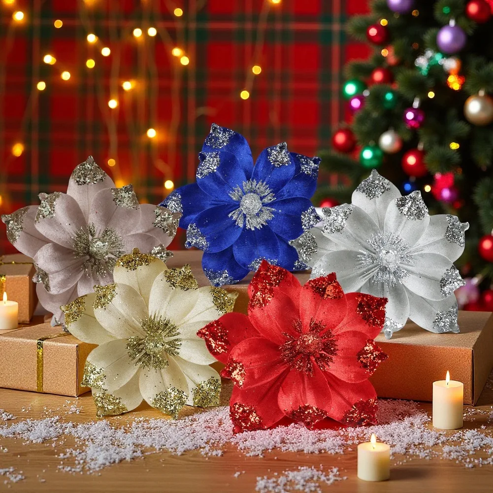 12 قطعة عيد الميلاد الزهور الاصطناعية عيد الميلاد زهرة رؤساء شجرة عيد الميلاد ديكور ذاتي الصنع 8.6*7.8 بوصة عيد الميلاد الزهور الاصطناعية