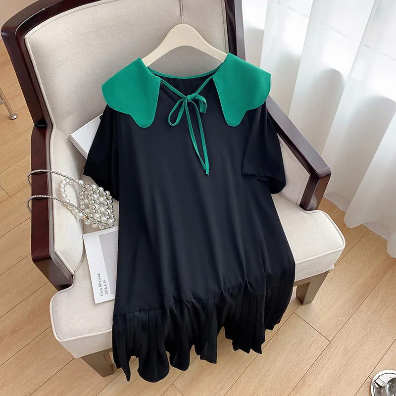 

160Kg Plus Size Women's Bust 160 Summer Loose Contrasting Ruffle Collar Dress Black 6XL 7XL 8XL 9XL 10XL XX2505