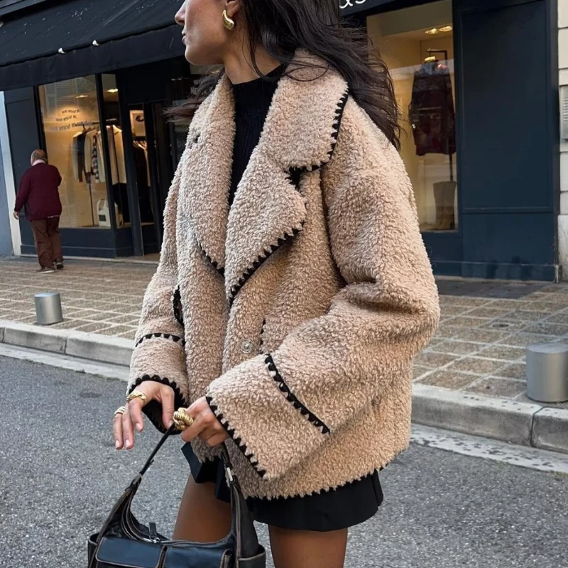 Oversized Turtleneck Stitching Decorative Loose Casual Commuter Lamb Fur Jacket