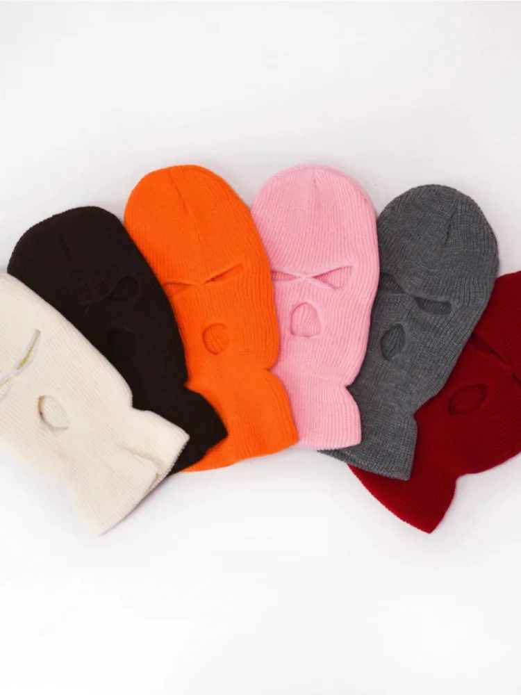 AliExpress Motorcycle Windproof Full Face Knit Hats Custom SkiMask Men Warm Wool Balaclava embroidery Winter hats Knitted 3 Holes Ski Mask