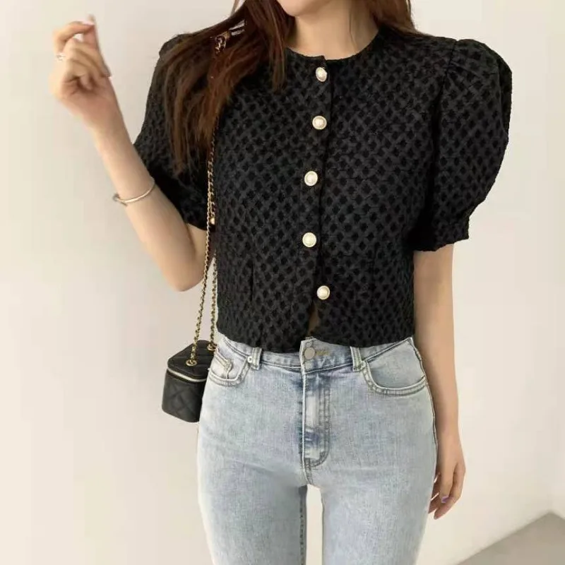 Korejpaa Spring Summer Women Shirt Korean Fashion Pleated Bubble Sleeve Shirts Elegant Single Breasted Cardigan Short Blouse